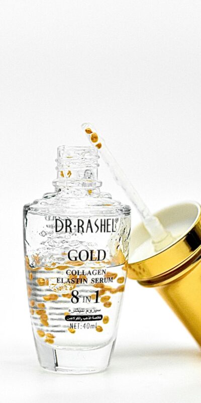 Premium gold collagen serum in a sleek bottle featuring a dropper on a white background.