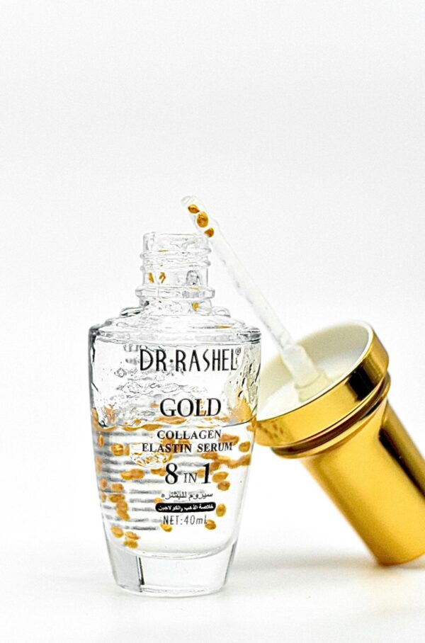 Premium gold collagen serum in a sleek bottle featuring a dropper on a white background.